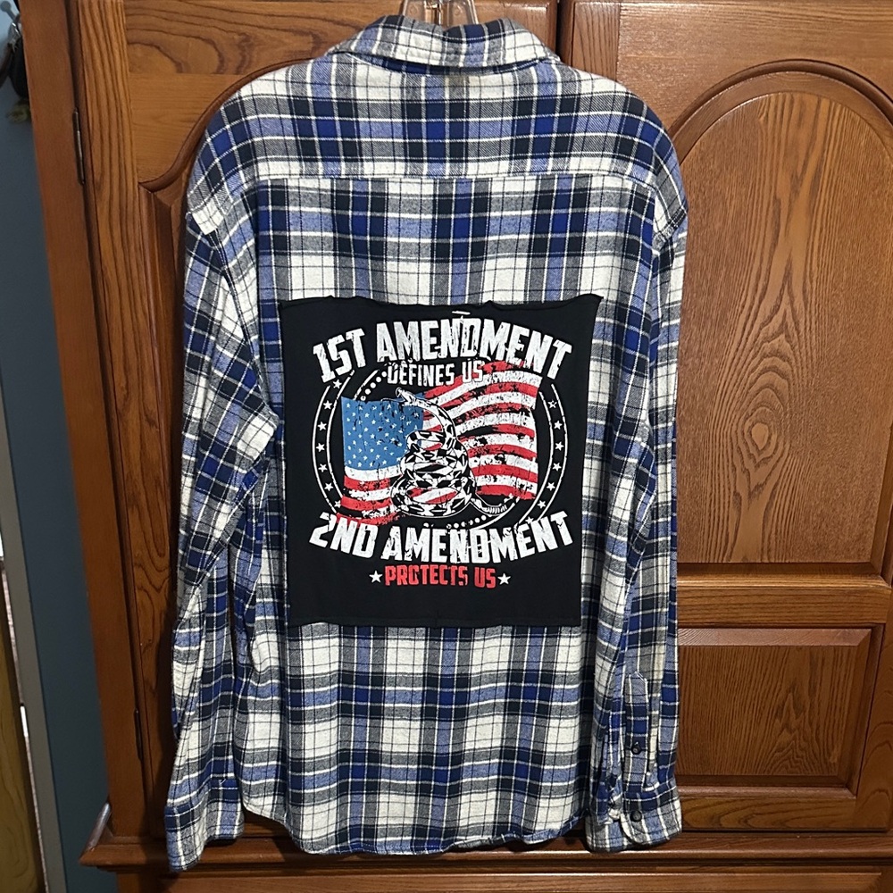 1st amendment defines us 2nd amendment protects us upcycled flannel tee